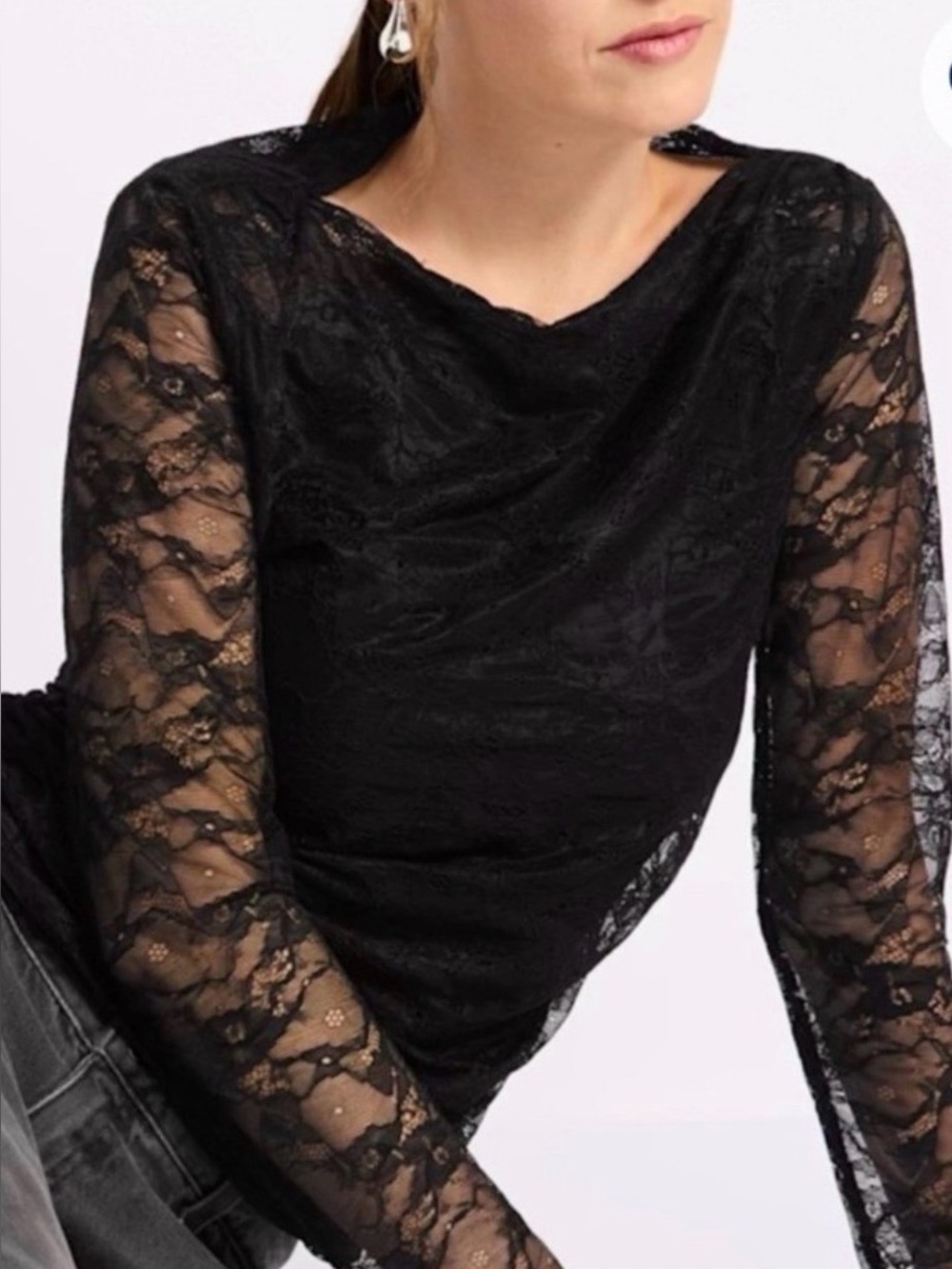 NWT Nine Britton Stitch Fix LS Lace Overlay Fitted Knit Top Black - Size L